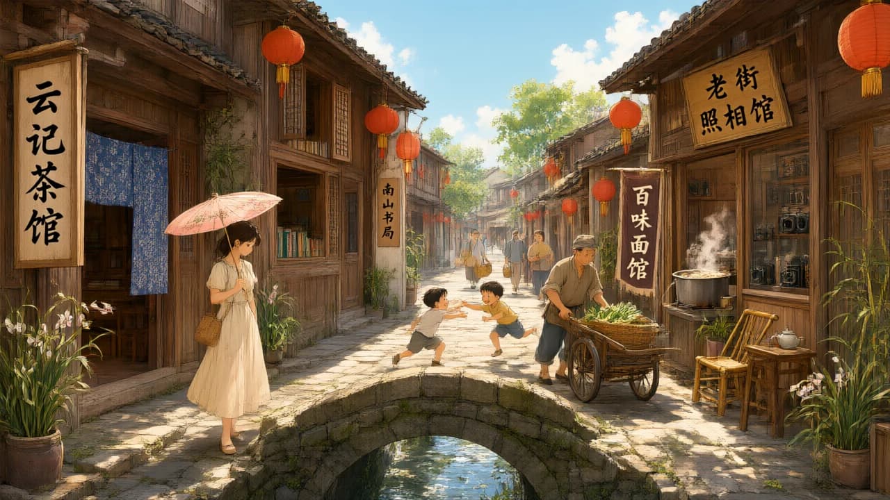 Altstadtgasse mit chinesischen Schildern